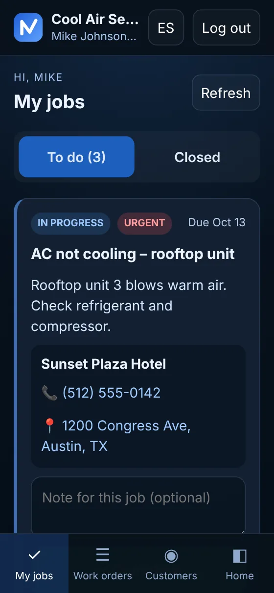 A technician's «My jobs» view on the phone: an urgent AC job, the customer's phone and address in Austin, TX