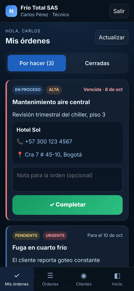 Vista «Mis órdenes» de un técnico en el celular: la orden, el cliente con su teléfono y dirección, y el botón Completar