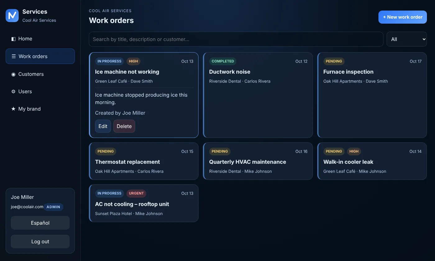 The office view of all work orders on a computer, with status, priority, customer and technician