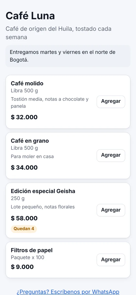 La tienda en el celular del comprador: productos con precio, presentación y botón Agregar